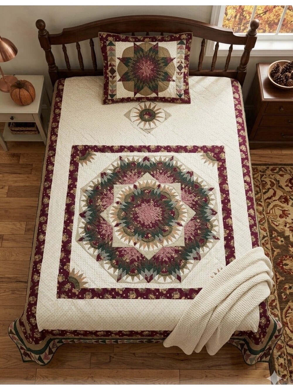VTG Medallion Patchwork Full Sz Quilt Earth Tones W/ Sham Farm Country Cottage